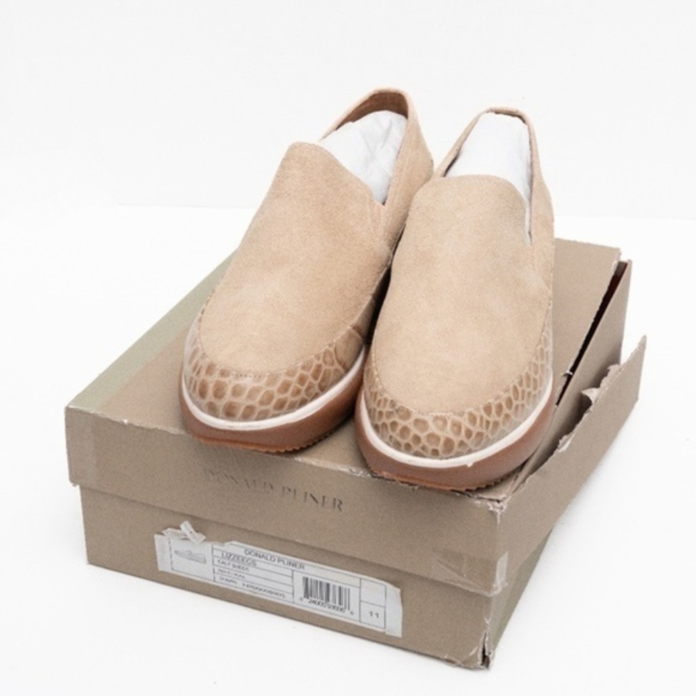 Donald J. Pliner Beige Suede Slip-On Sneakers Casual Shoes with Croc-Print Trim